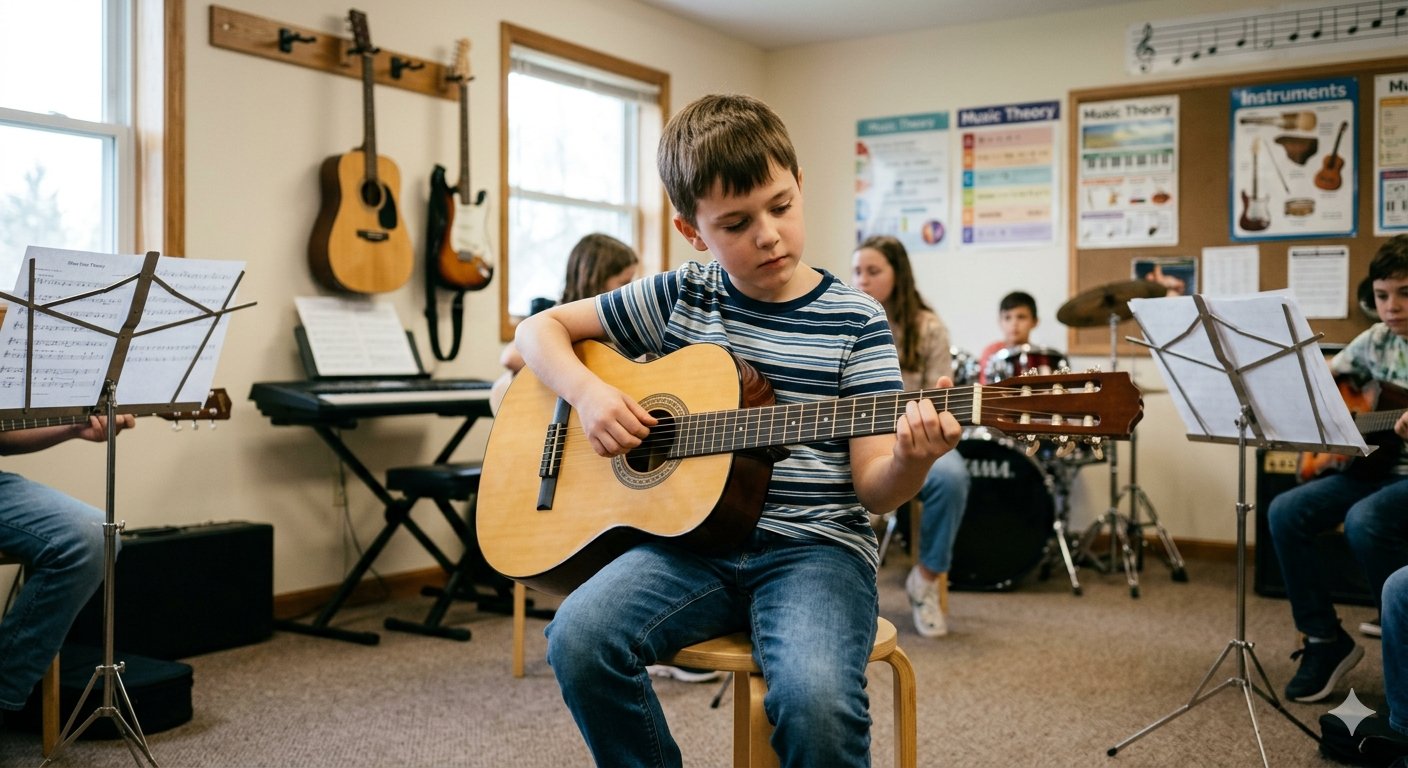 Boy learning guitar