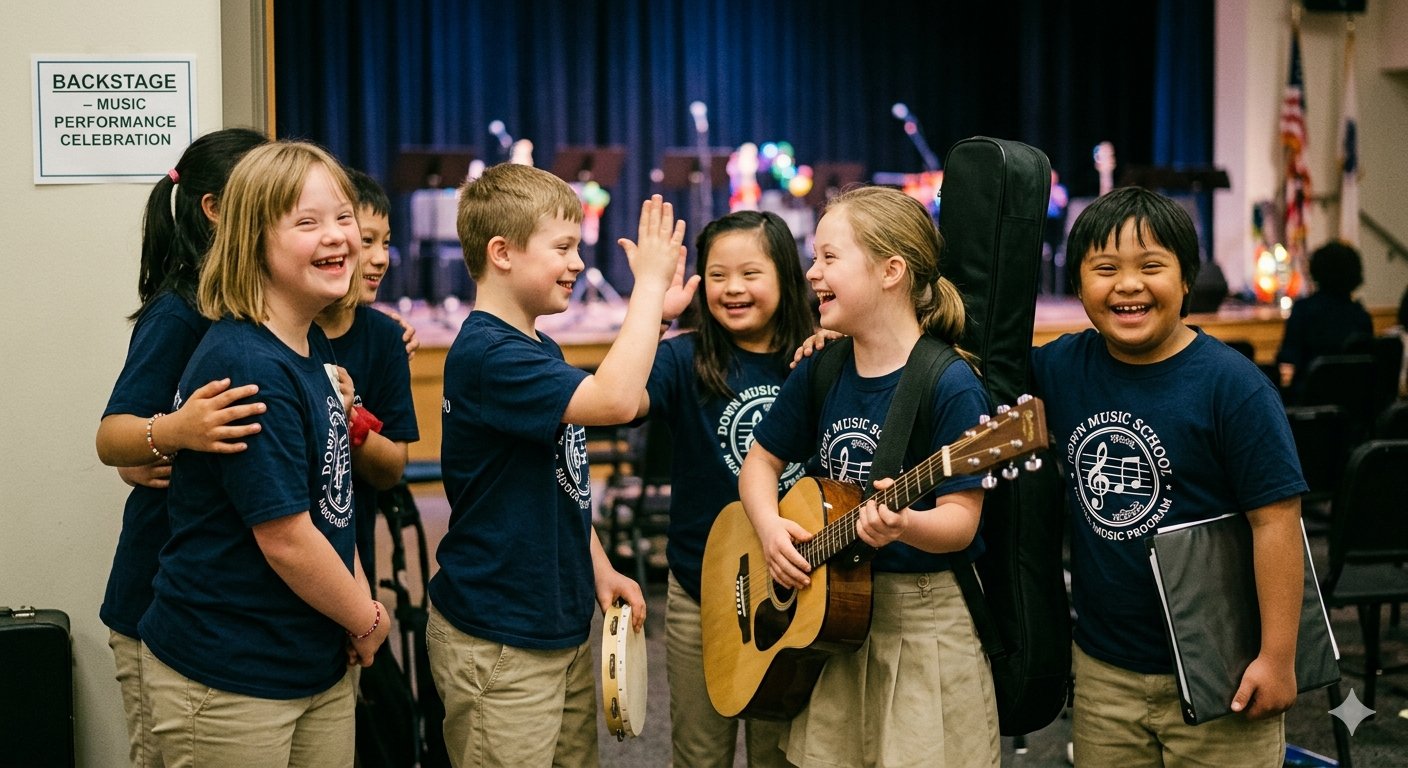 Kids with Down syndrome celebrating backstage