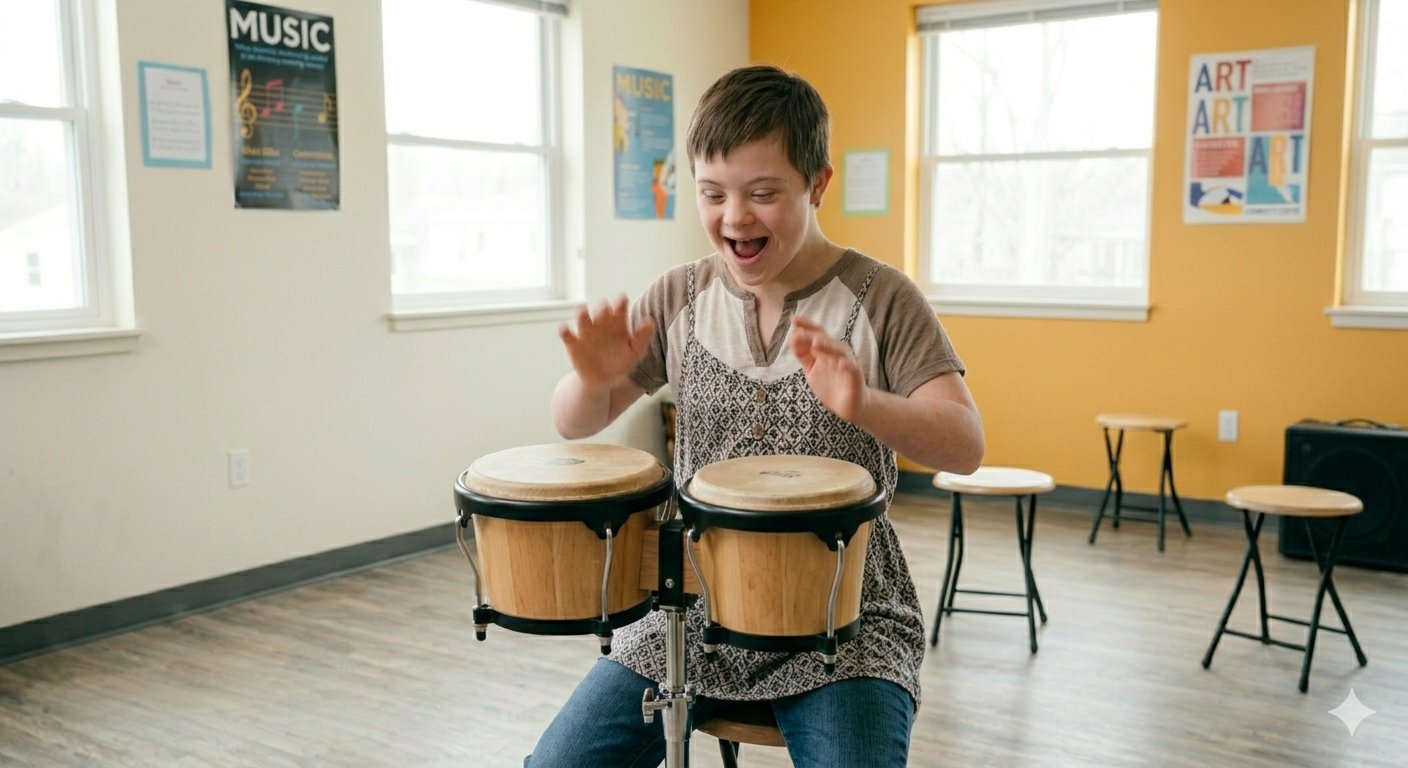 Teen with Down syndrome joyfully playing bongos