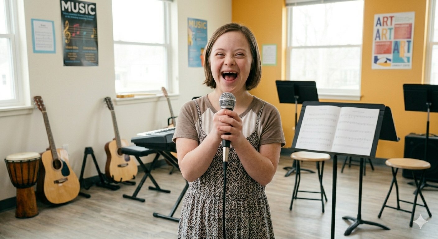 Teen girl with Down syndrome singing into microphone